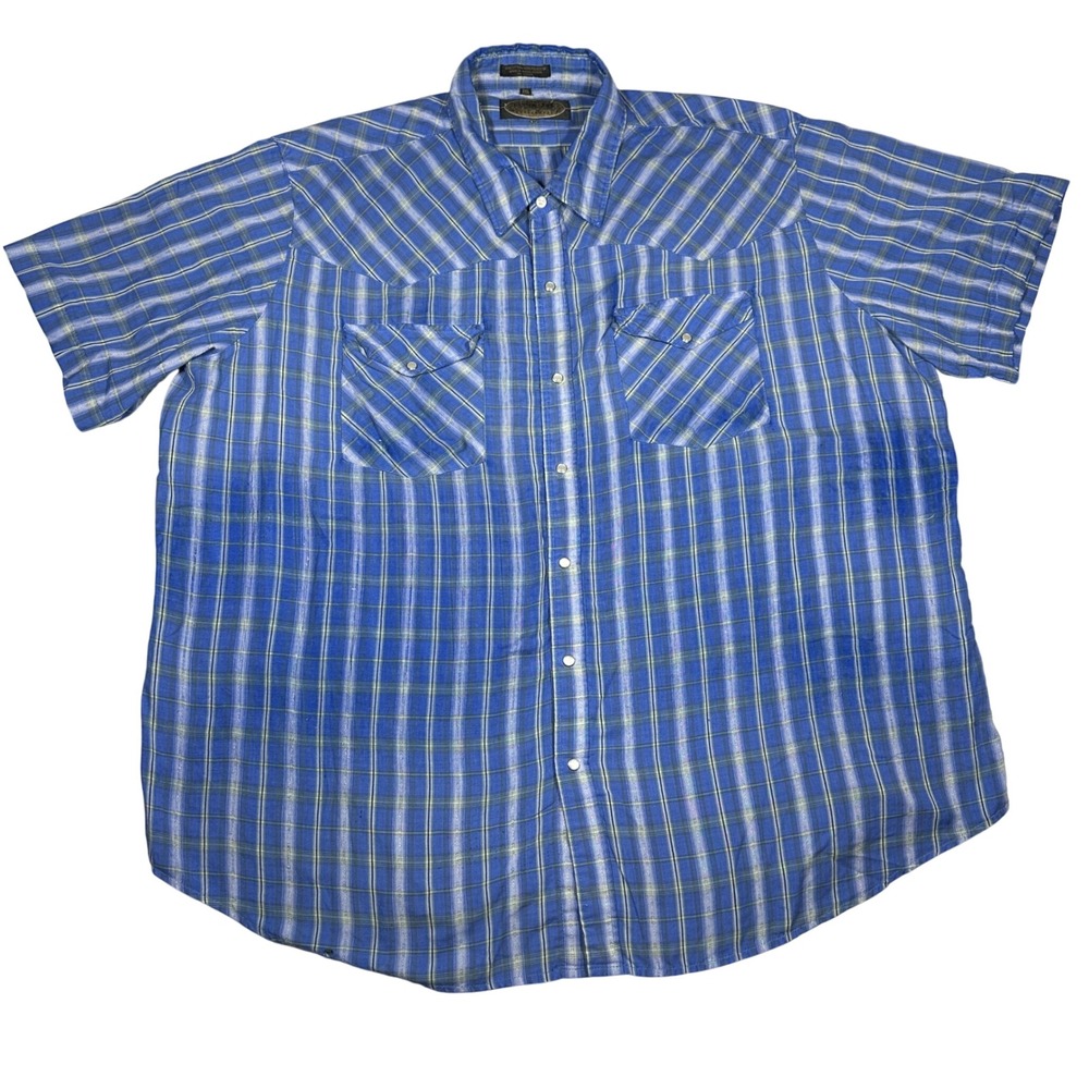 Canyon Guide Blue Plaid Western Pearl Snap Shirt Mens 3XL Short Sleeve